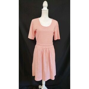 Lands End Sport Mariner Stripe Orange White Knit Jersey Scoop Neck Dress Sz S